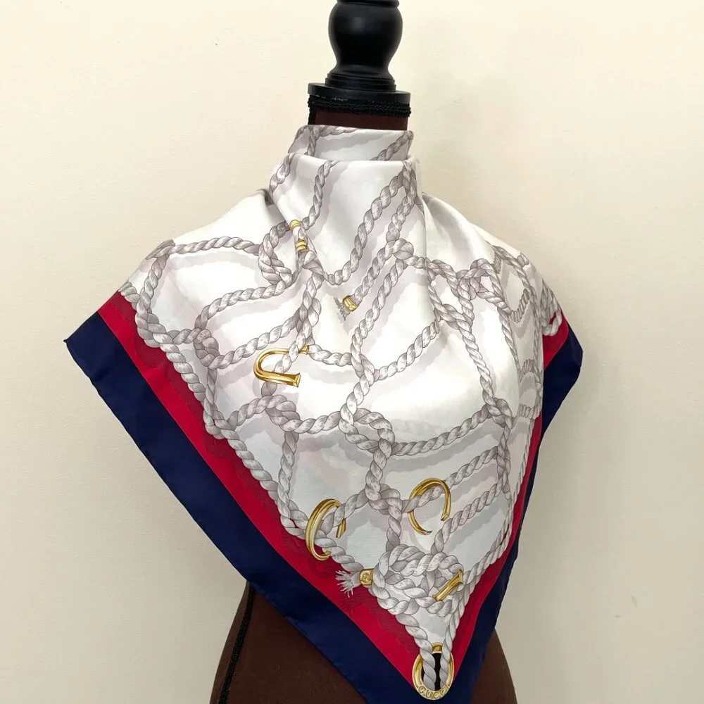 New Gucci Scarf GG Logo Ropes Print Nautical Style Silk Wrap
